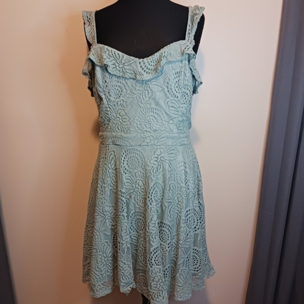 Cottagecore Jodi Kristopher Aqua‎ Green crocheted lined short Dress 13